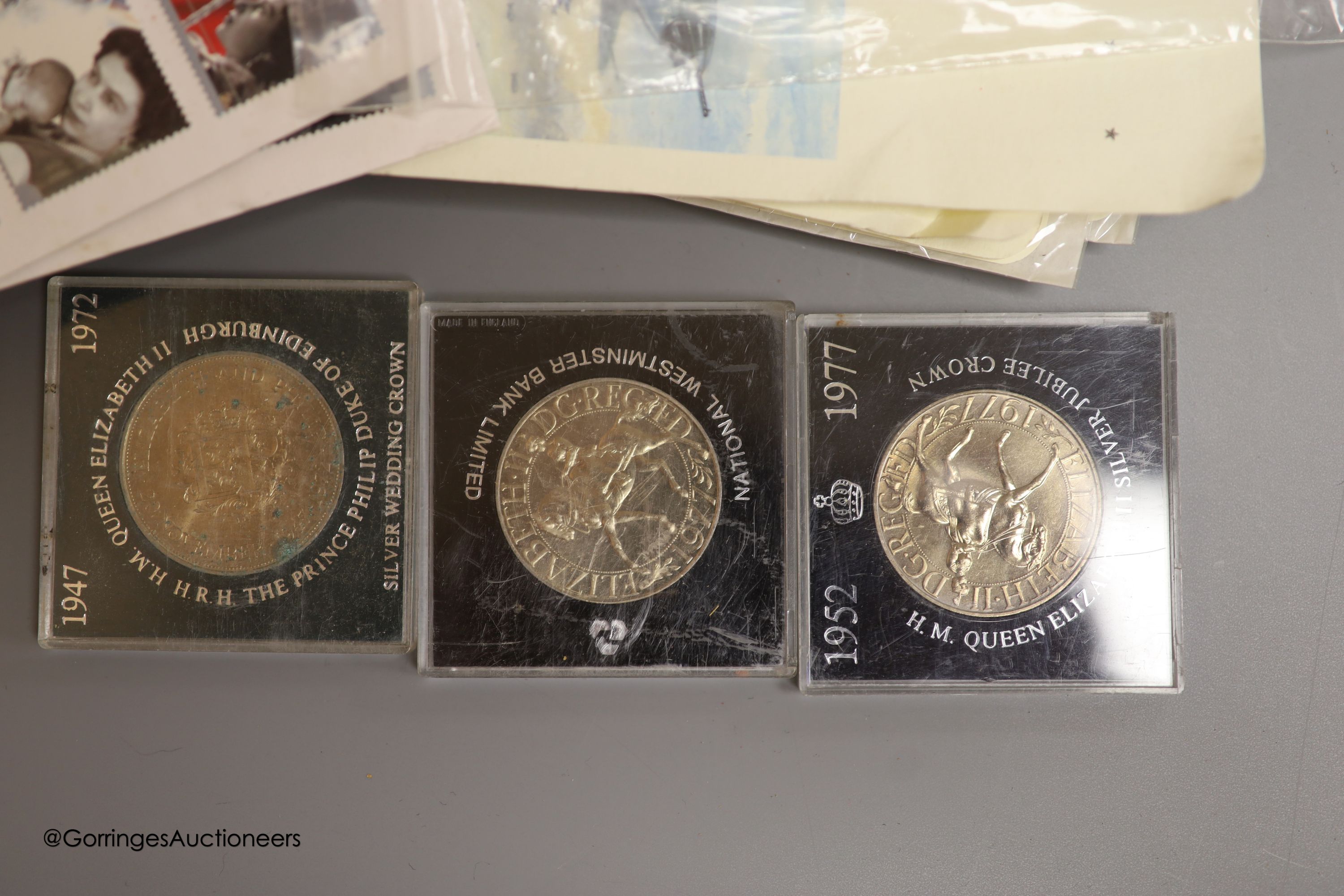 A collection of mostly Royal Mint UK commemorative coins and cover and five UK Brilliant Uncirculated coin collections for 1984 x2, 1986 x2 and 1987.